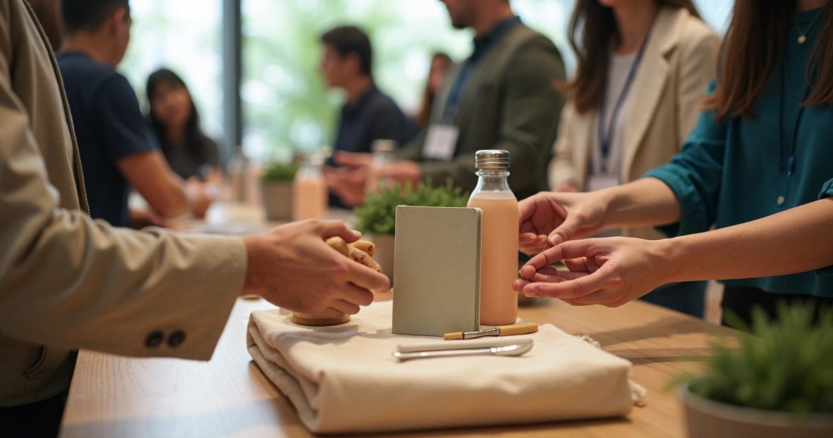 Kit de brindes ecológicos sendo entregue em evento corporativo 
