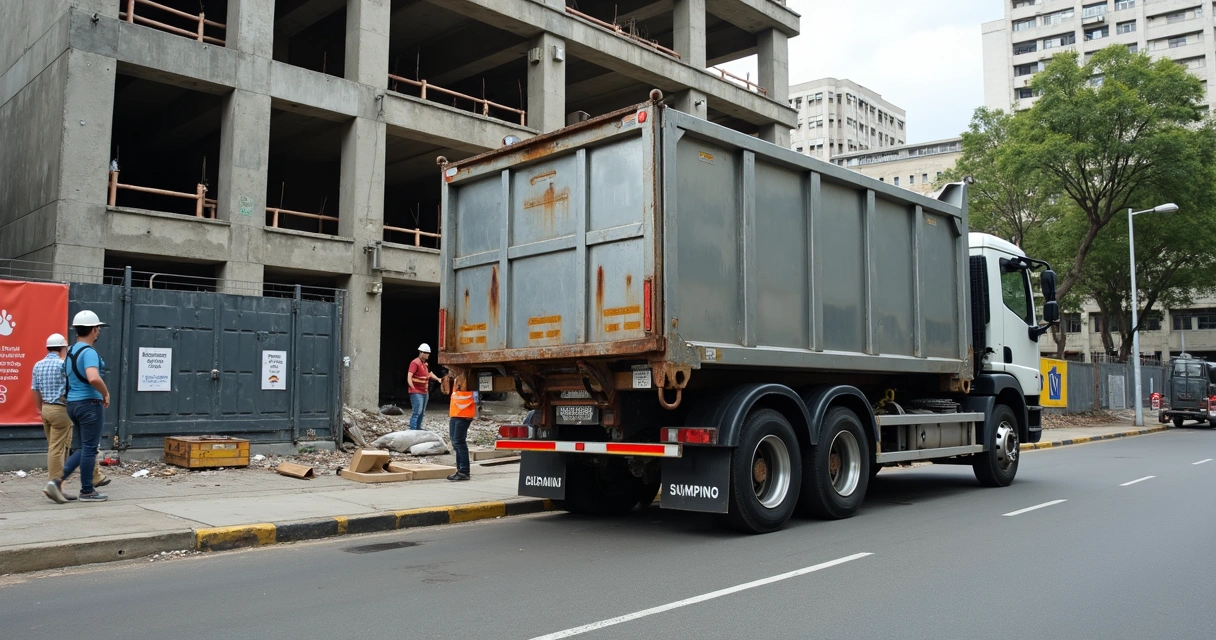 Caçamba sendo entregue em obra de construção civil 