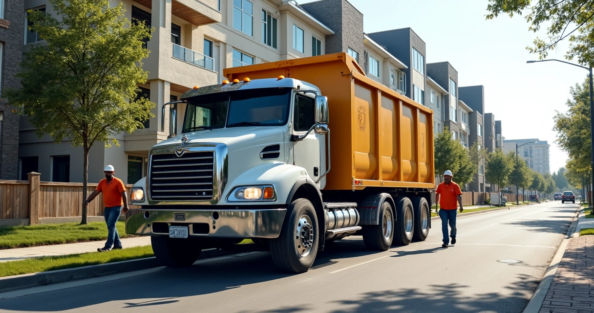 Caminhão descarregando caçamba em frente a uma obra urbana 