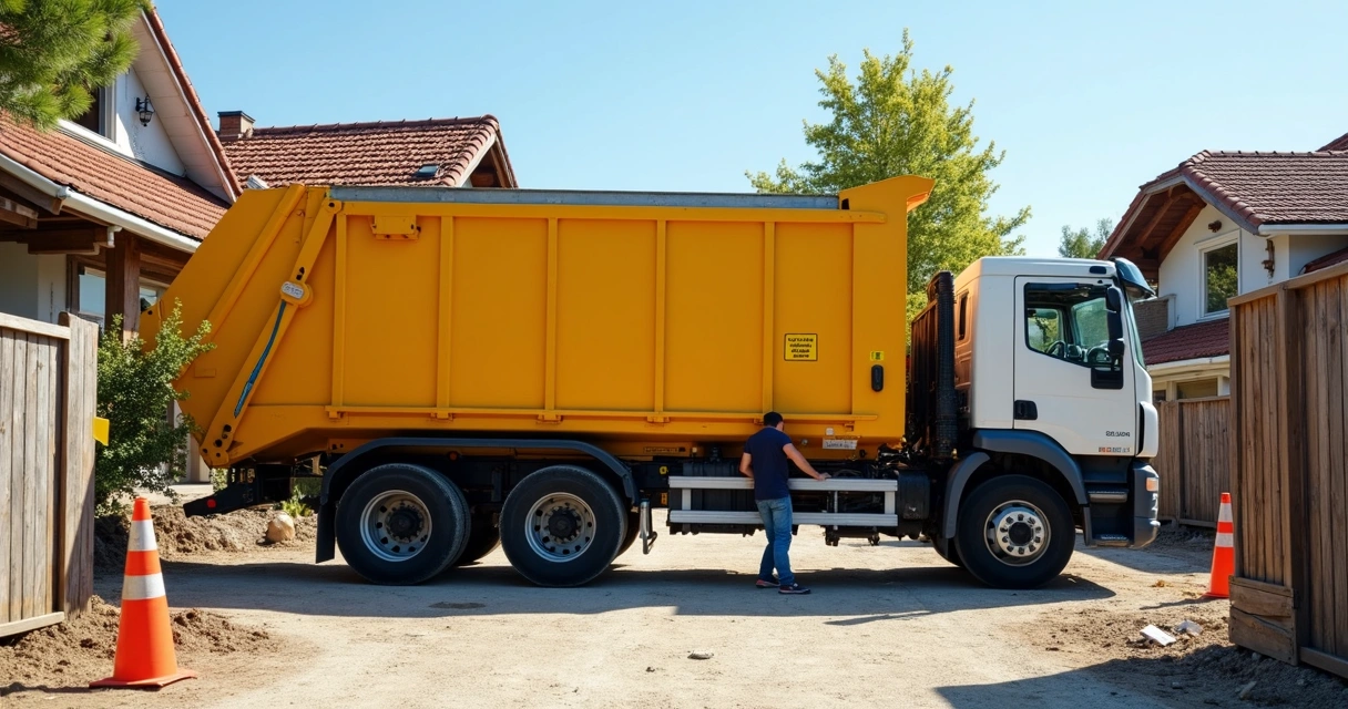 Caçamba sendo descarregada em uma obra residencial