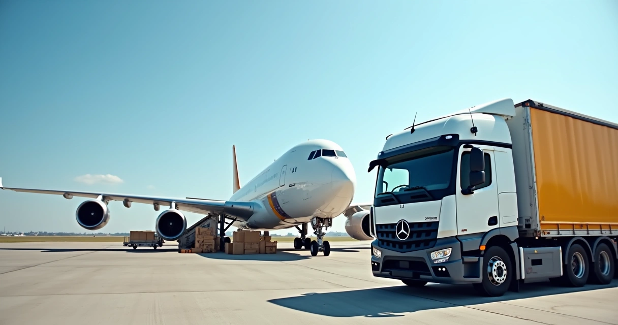 Frete no E-commerce: Tipos, Contratos e Impacto no Negócio 1 Caminhão de entrega ao lado de avião cargueiro na pista