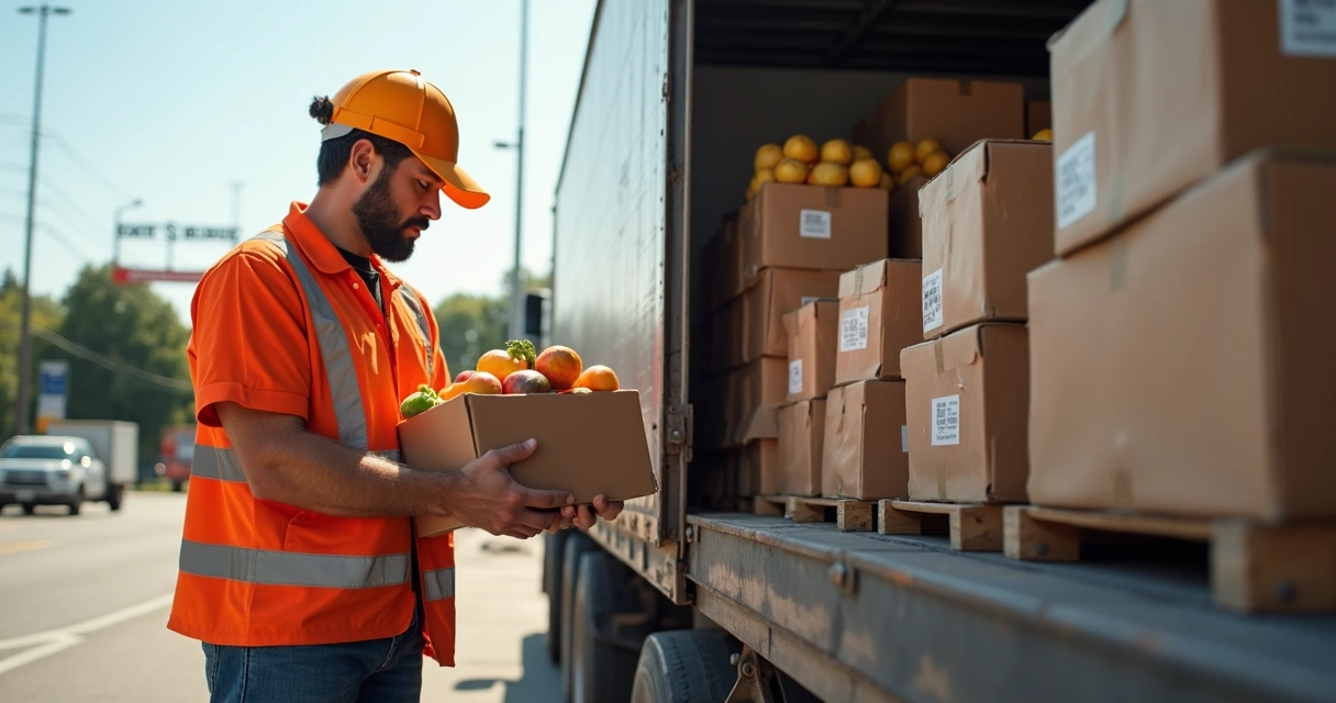 Motorista descarrega caixas de alimentos conferindo QR code 