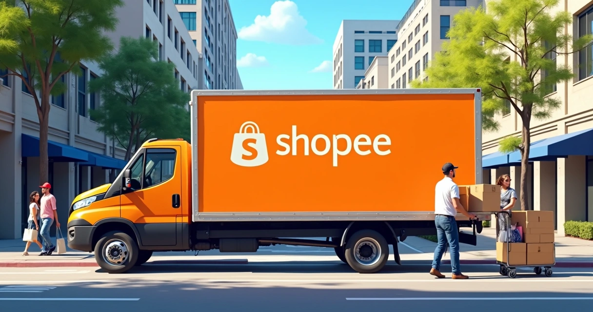 Caminhão com logo Shopee realizando entrega em área urbana 