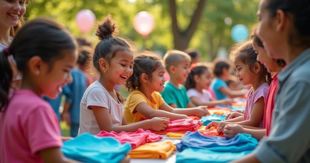 Crianças recebendo camisetas coloridas durante campanha de doação 