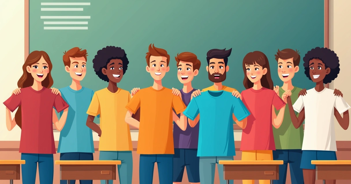 Entrega de camisetas escolares personalizadas a um grupo de alunos sorrindo em sala de aula 