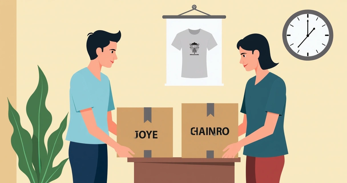 Equipe recebendo rápido uma entrega de camisetas personalizadas em evento corporativo 