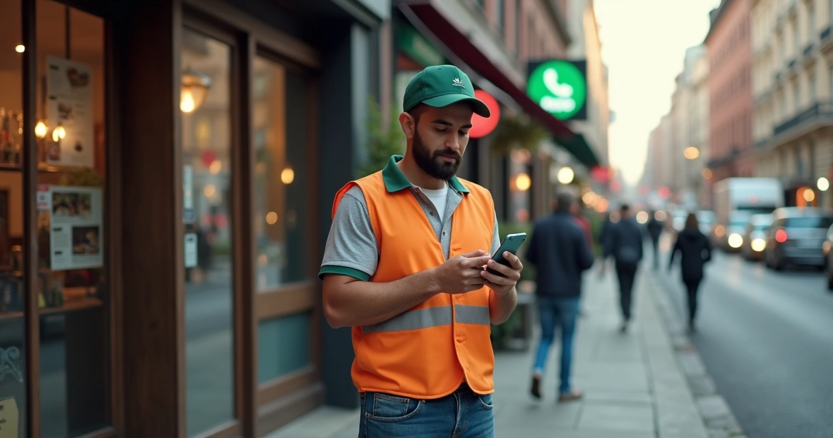 Entregador olhando para o celular parado, mostrando mensagem de pedido cancelado no WhatsApp 