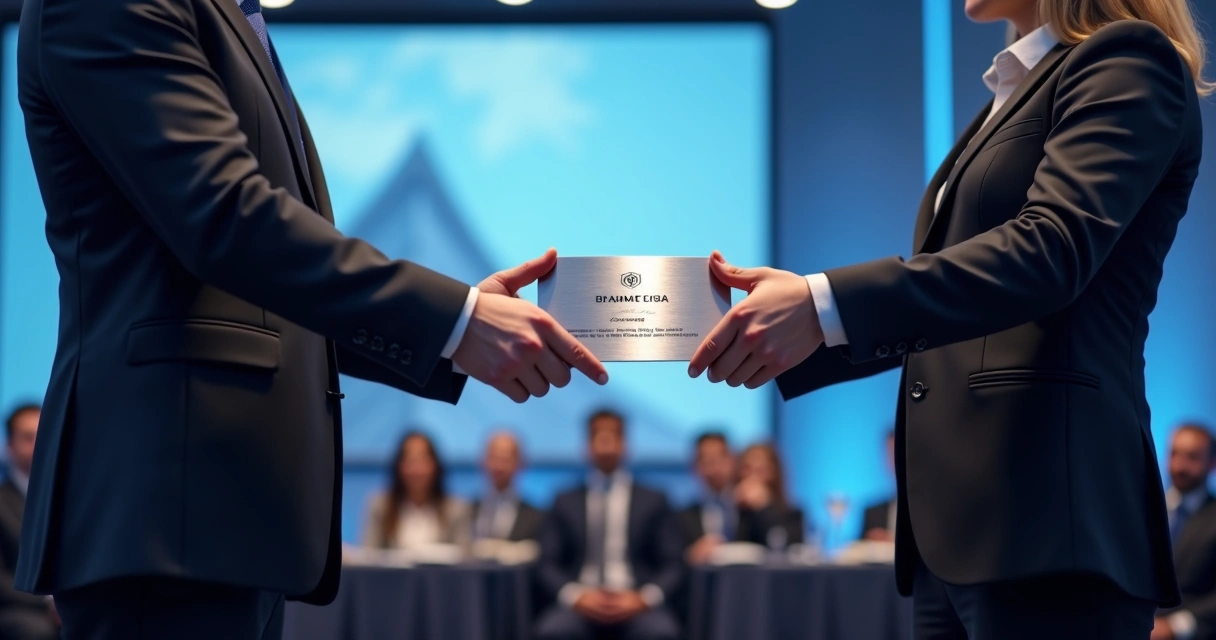 Entrega de certificado em aço inox em evento corporativo