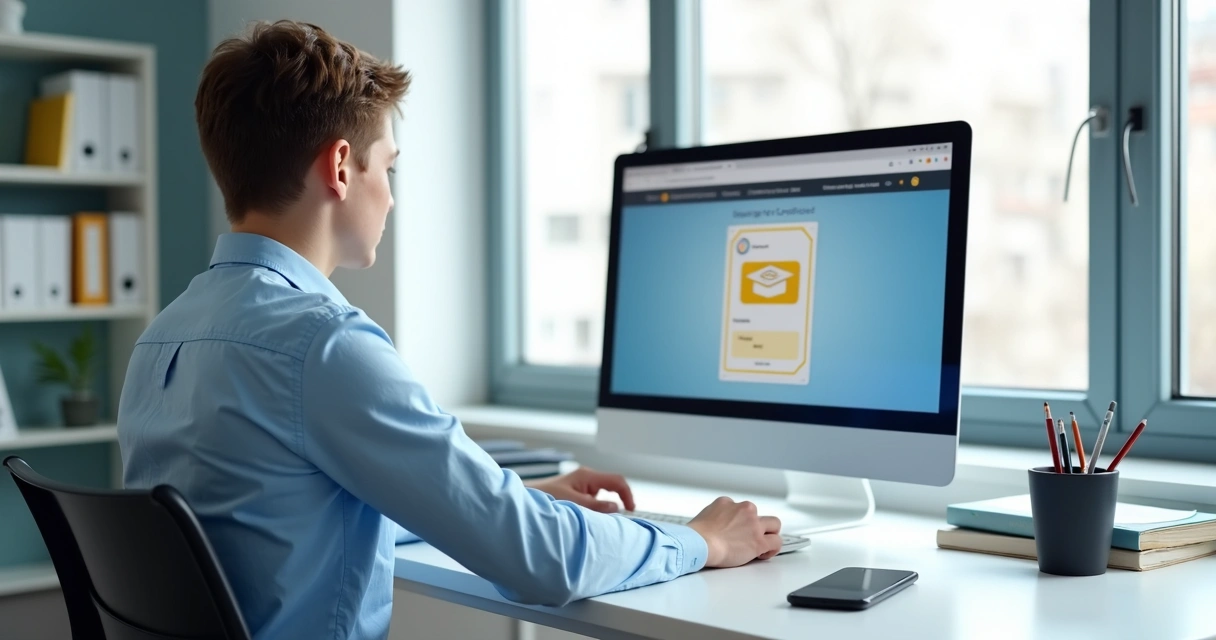 Estudante enviando certificado digital pelo computador 