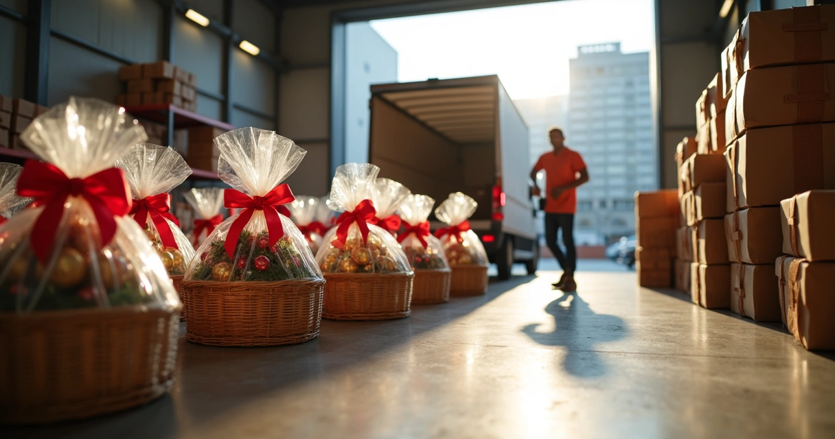 Entrega de cestas de Natal em ambiente empresarial 