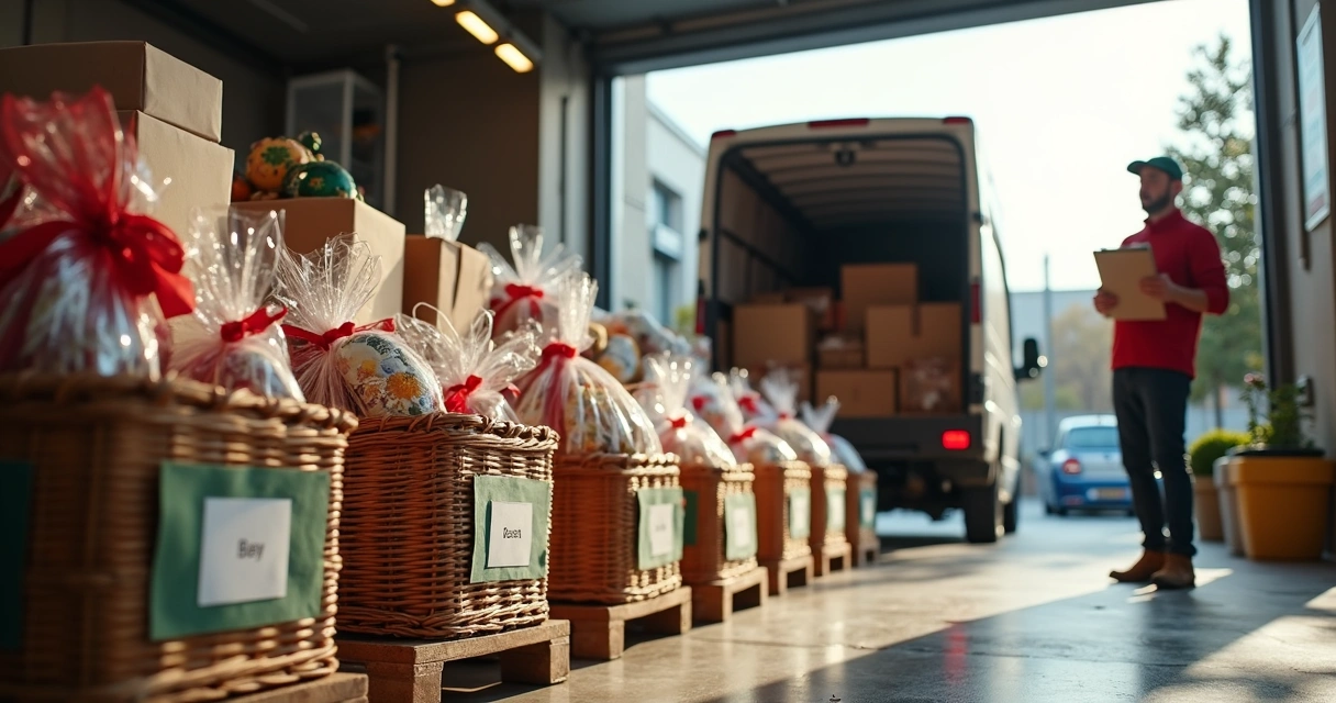 Cestas de Natal organizadas para carregamento em veículo 