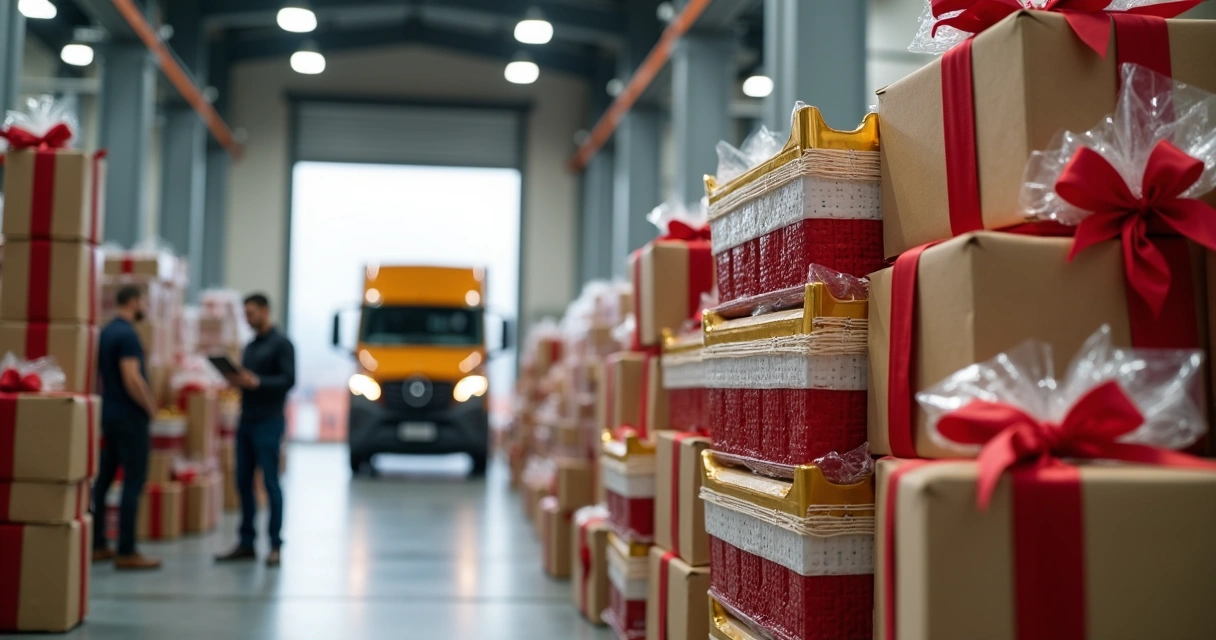 Entrega corporativa de cestas de Natal em centro de distribuição 