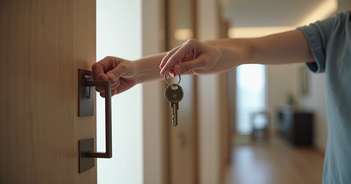 Chave sendo entregue diante de um apartamento novo 