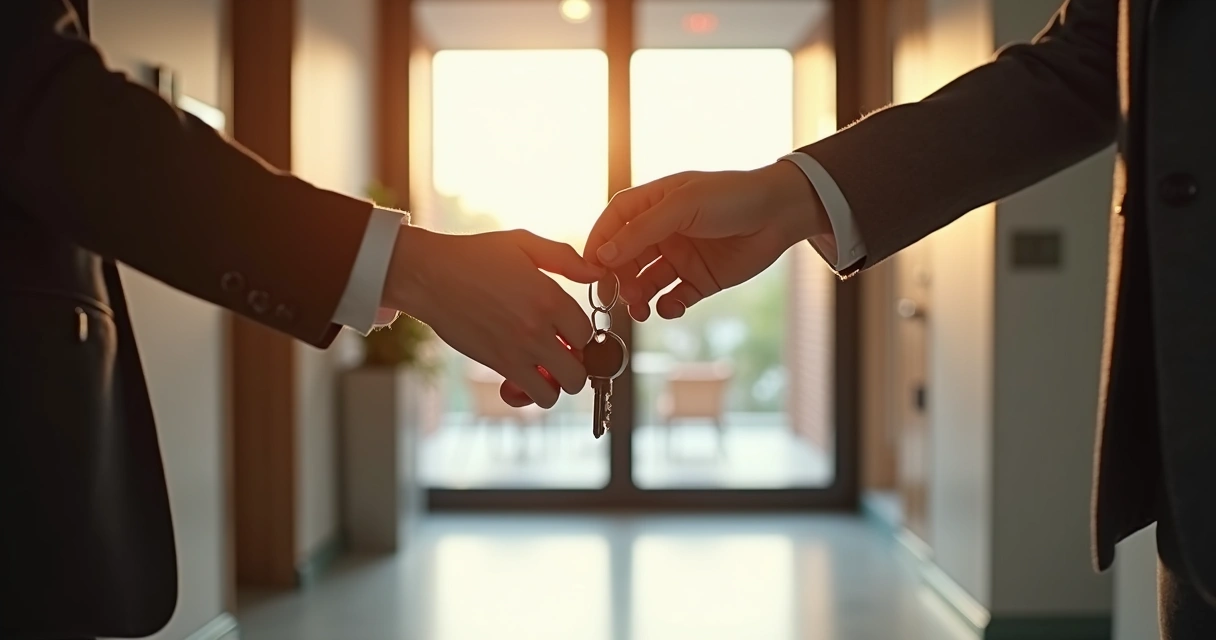 Entrega de chave de imóvel entre duas pessoas no hall de entrada 