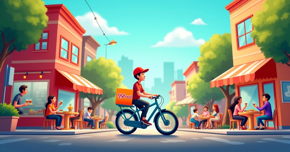 Ilustração de uma cena urbana com entrega de comida, entregador na bicicleta e restaurantes animados.