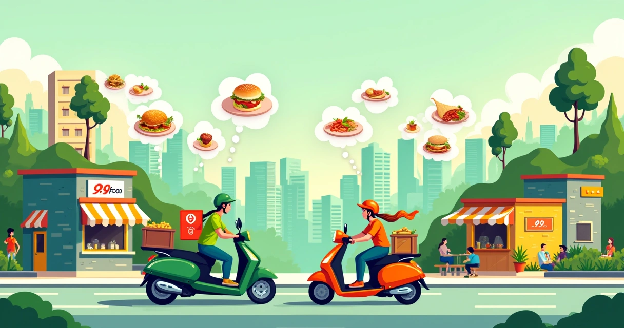 Corrida de motoboys da 99Food e Meituan em um ambiente urbano com variedade de restaurantes.