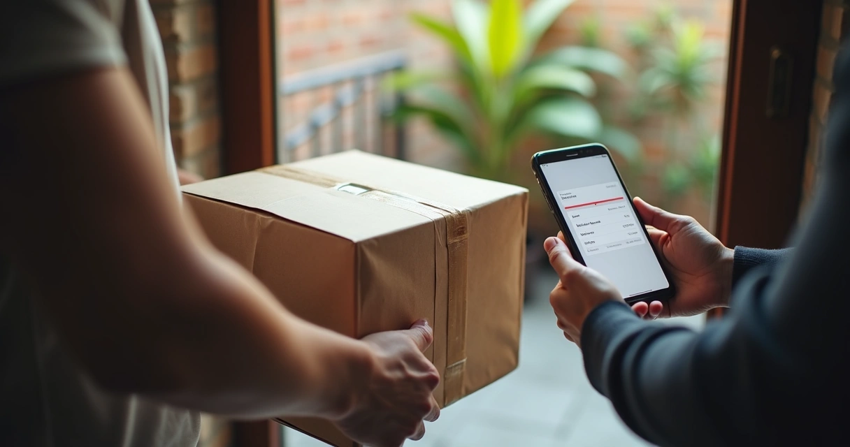 Entregador registrando comprovante de entrega com pacote lacrado 
