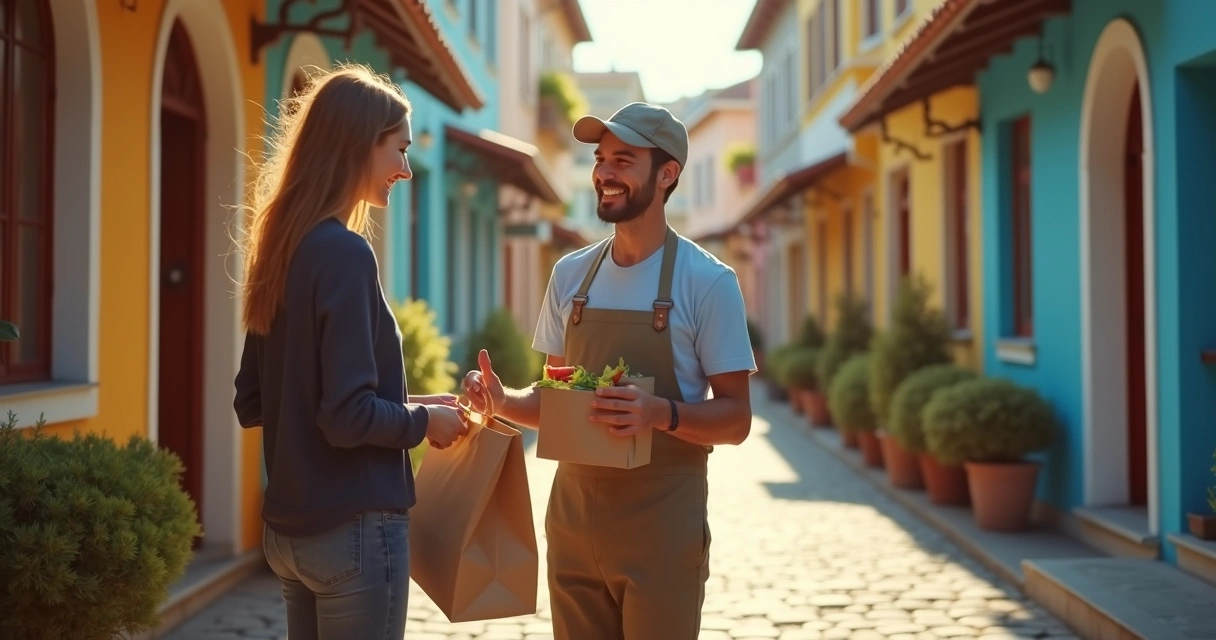 Entregador cumprimentando cliente em cidade pequena 