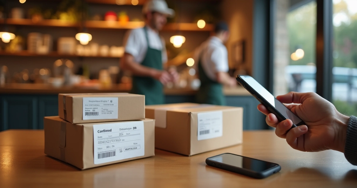 Ifood delivery em uma mesa com pedidos embalados e cliente confiante verificando app no celular 