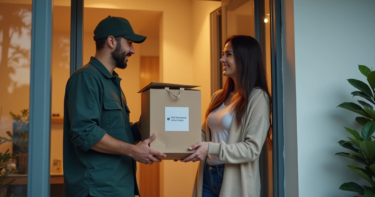 Entrega de delivery sendo recebida por cliente feliz em casa 