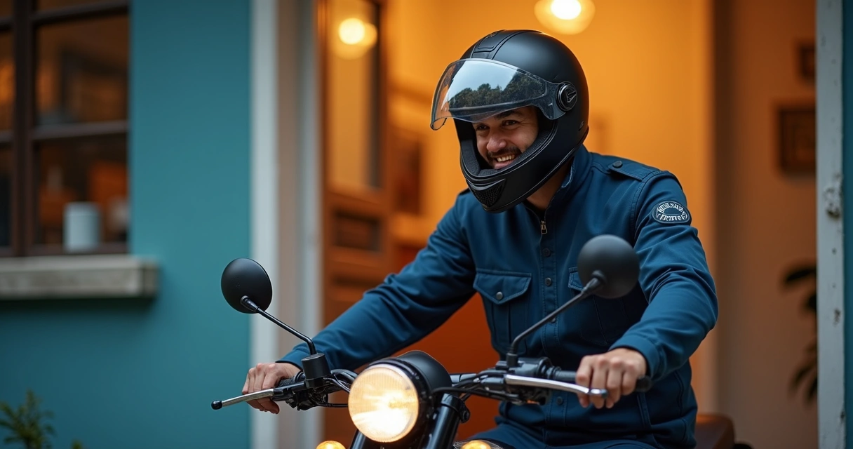 Motoboy entrega hambúrguer e bebida ao cliente 