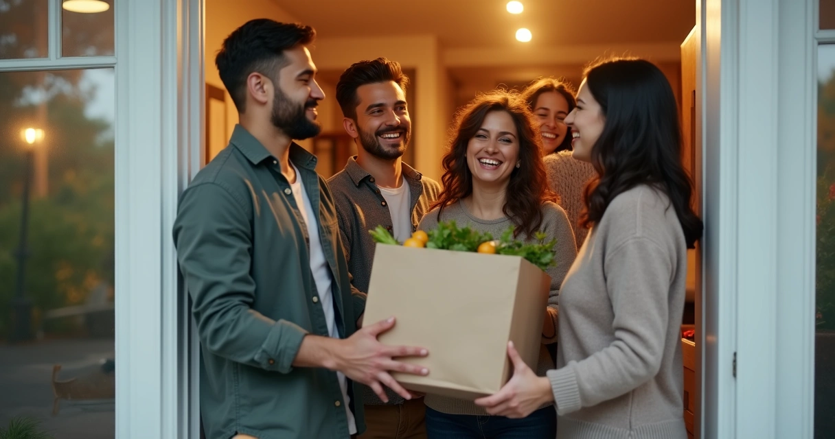 Entregador de delivery sorrindo ao entregar comida a uma família na porta de casa 