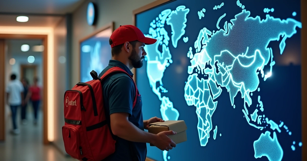Entregador de delivery com pacote em frente a mapa digital e rotas destacadas 