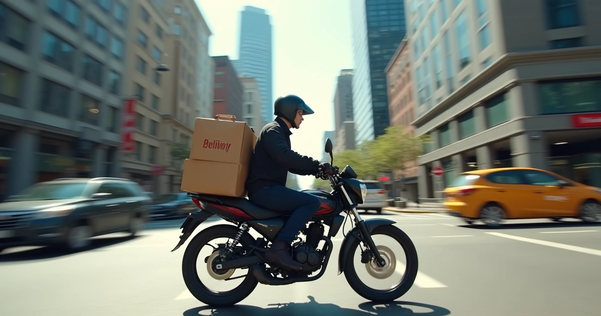 Motoboy realizando entrega rápida de delivery urbano 