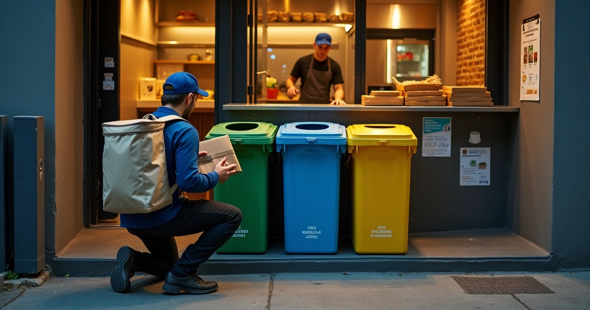Entregador de delivery organizando resíduos recicláveis em estação de coleta 