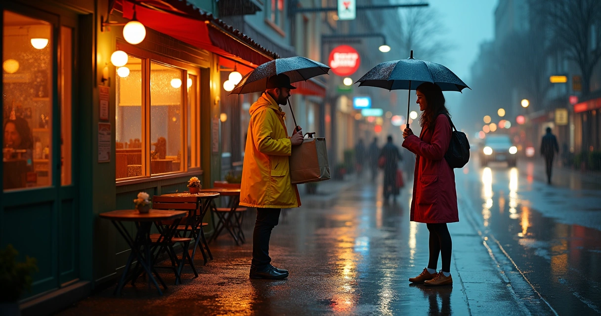 Entregador entrega pedido na chuva em frente a restaurante 