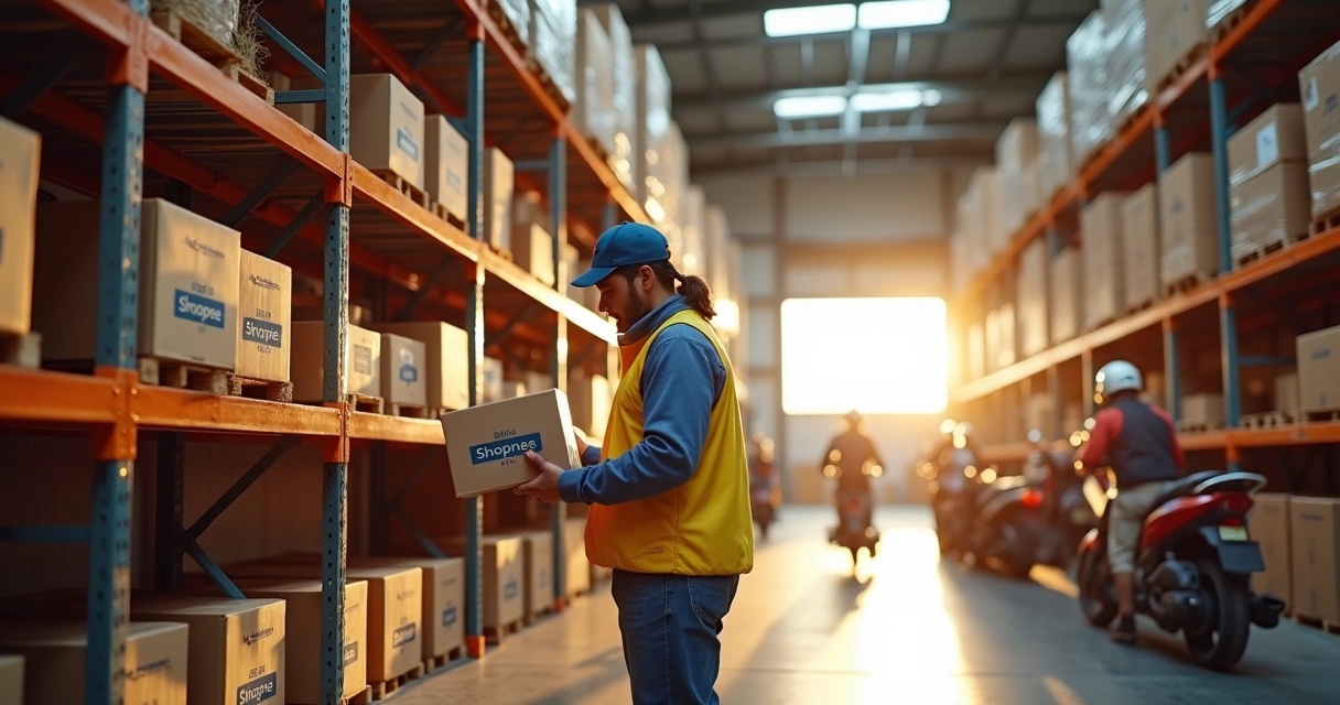 Funcionário separando pedido no estoque para entrega rápida 