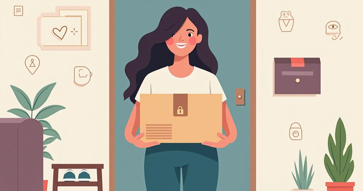 Pessoa segura caixa de entrega discreta com selo de privado e ambiente minimalista ao fundo 