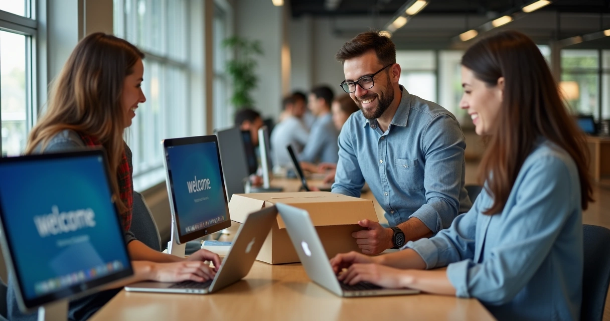 Colaboradores recebendo dispositivos Apple já configurados 