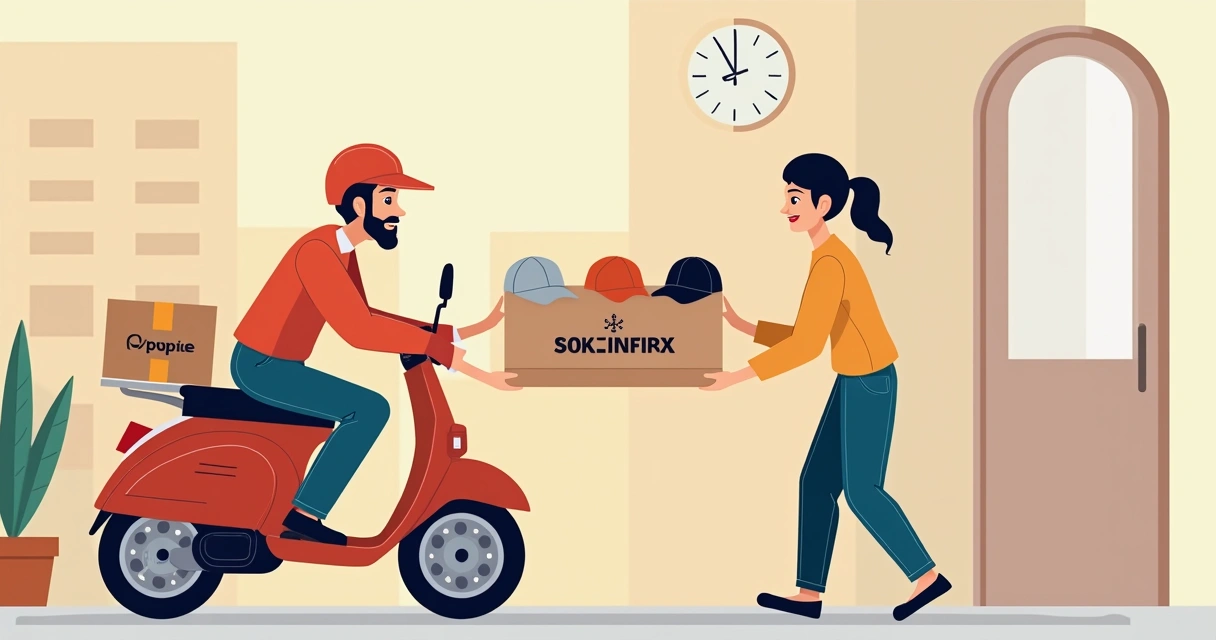 Motoboy entregando caixa com bonés personalizados em área urbana 