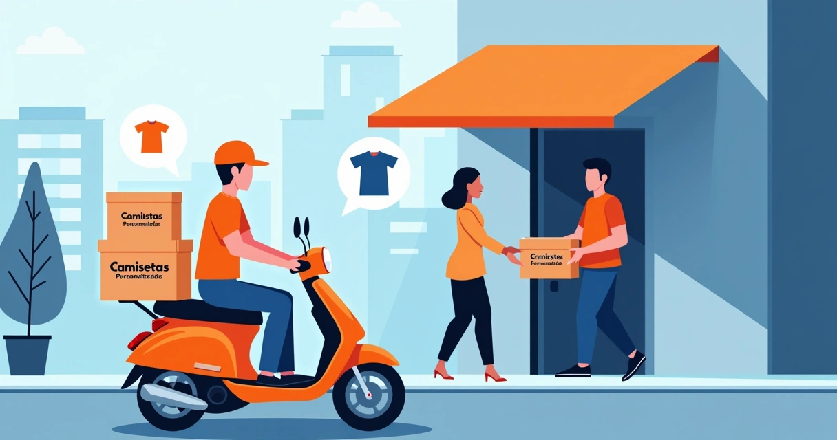 Motoboy entregando caixas de camisetas personalizadas ao cliente na porta da empresa 