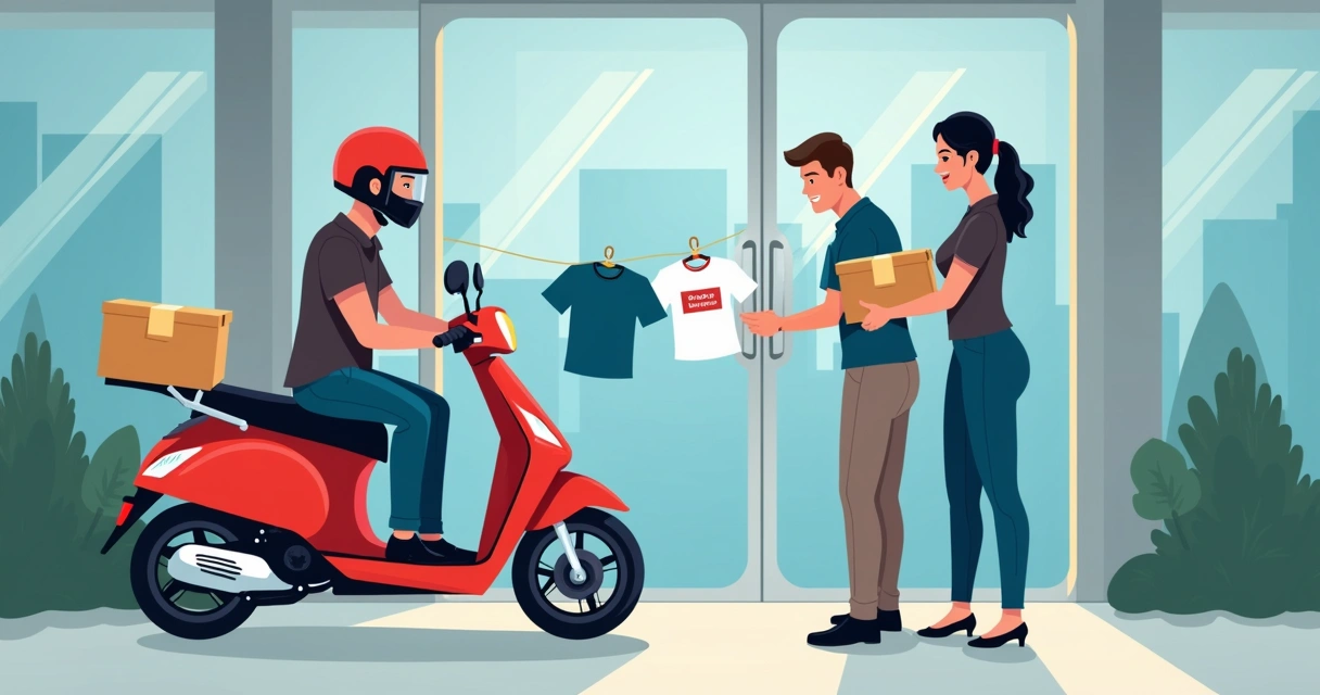 Motoboy entregando caixa de camisetas personalizadas em empresa urbana