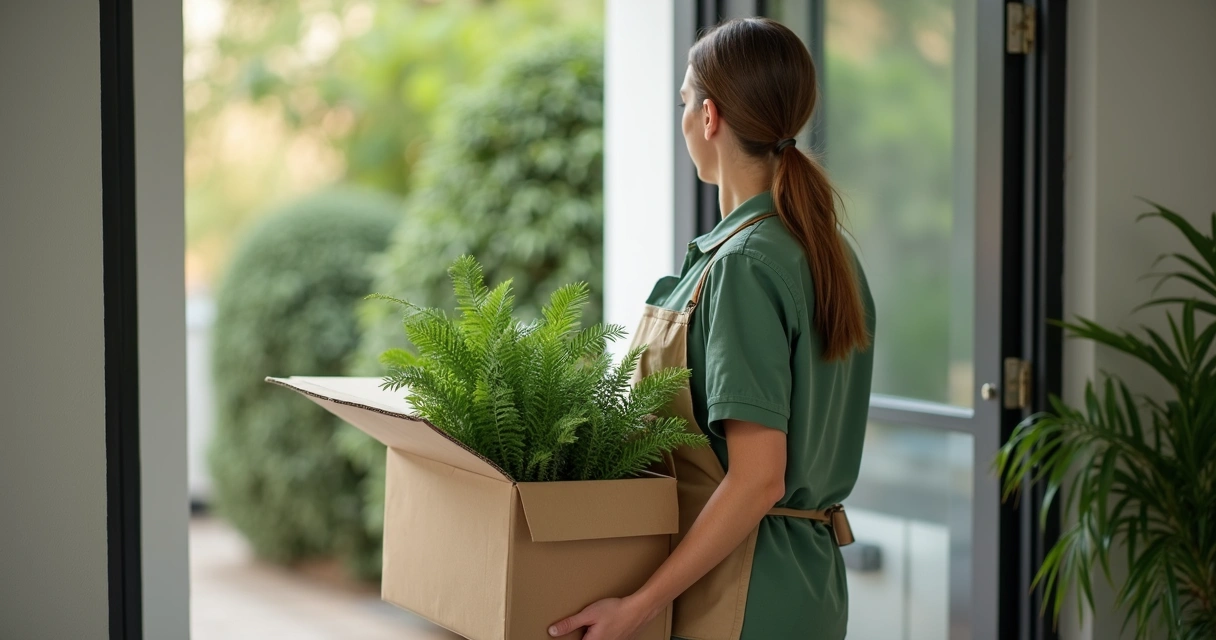 Entregador sorrindo deixa uma caixa de plantas em casa 