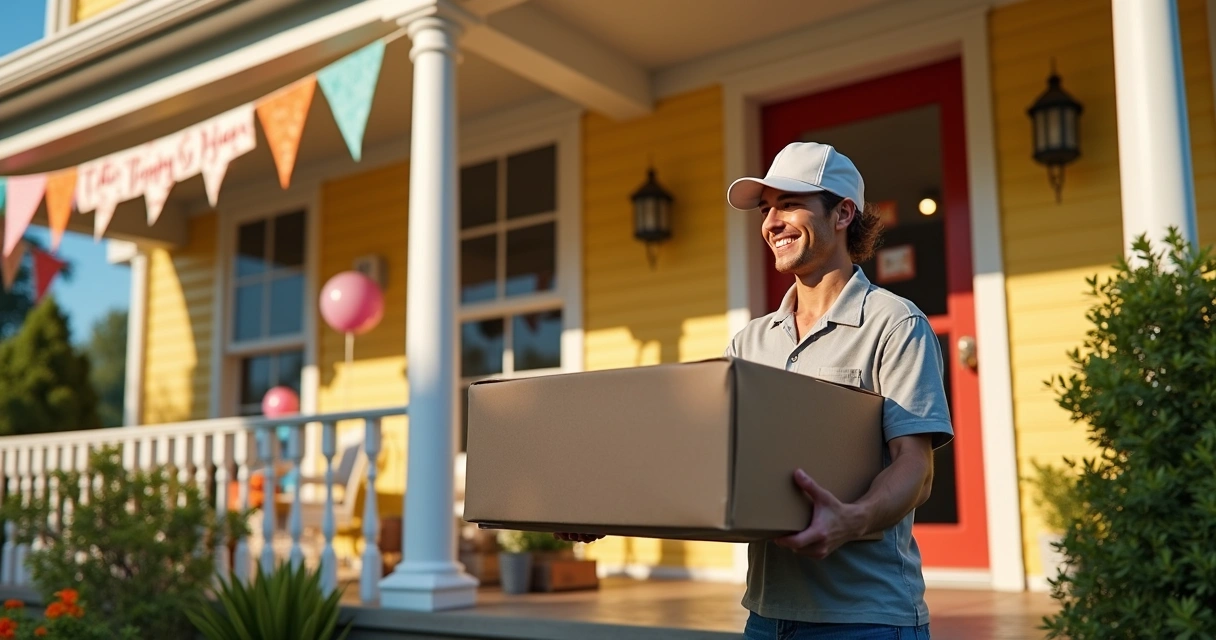 Entregador deixa caixa de comida para festa na porta de uma casa decorada