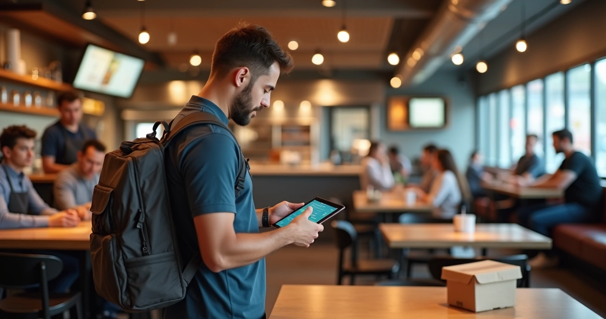 Operador de delivery usando tablet para gerenciar pedidos de foodservice em ambiente de restaurante moderno 