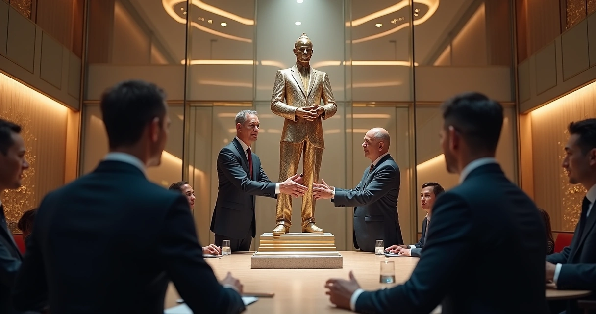 Diretoria entregando escultura de homenagem personalizada a CEO em ambiente de escritório 