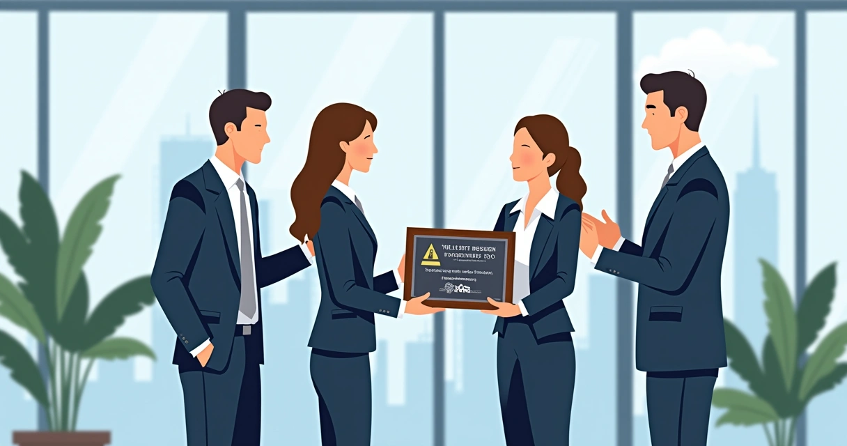 Equipe entregando placa de agradecimento corporativa 
