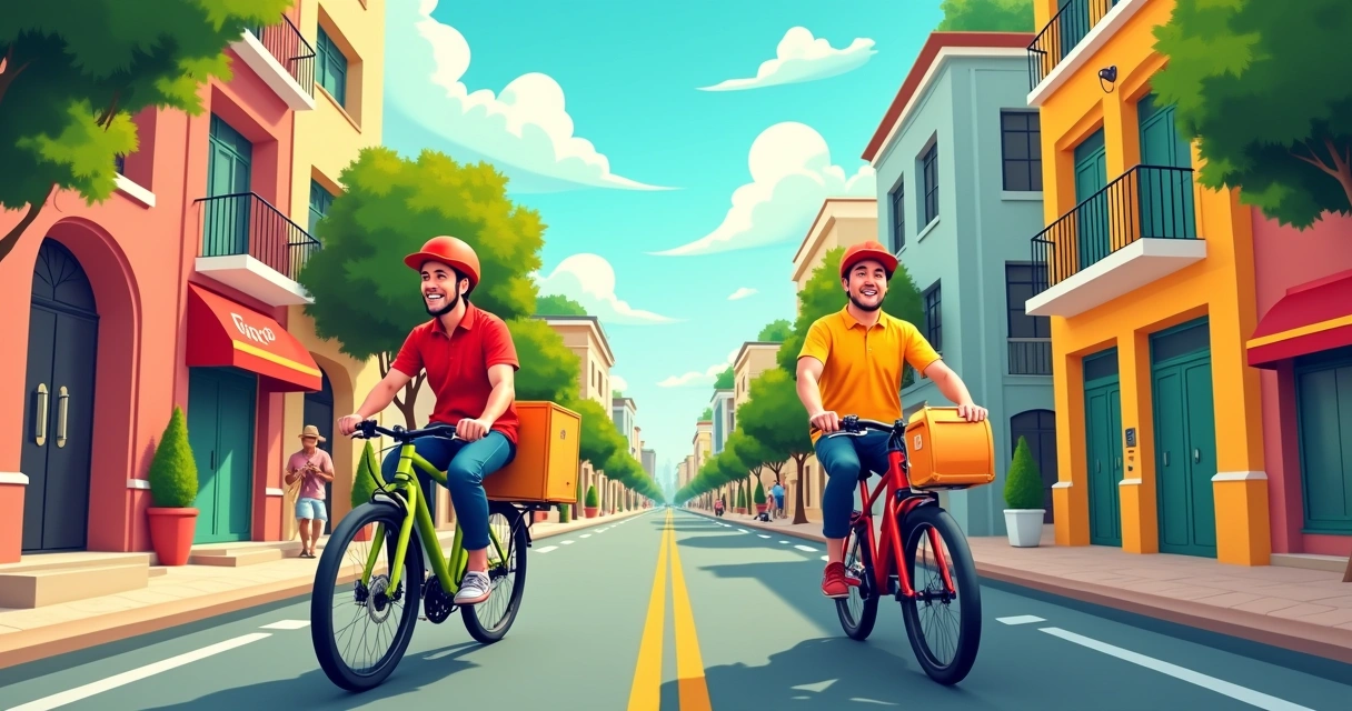 Ilustração de um cenário de entrega vibrante no Brasil com riders da iFood e Meituan em ação.