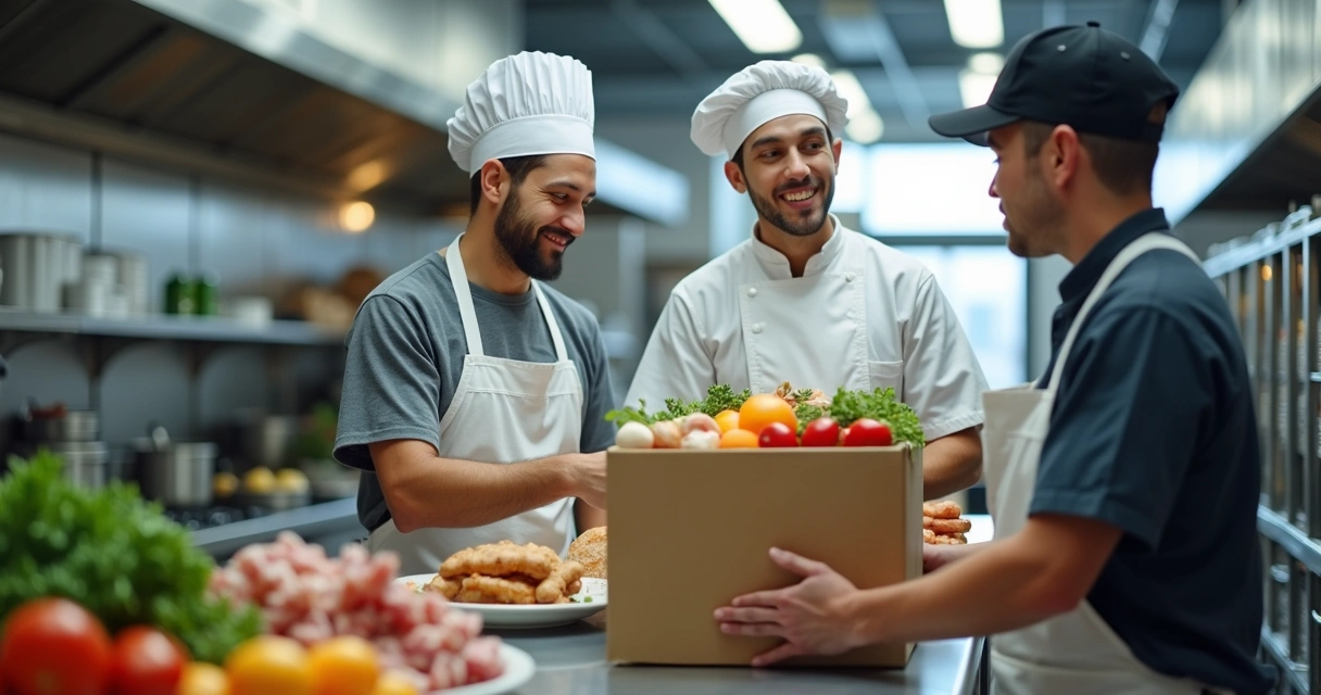 Equipe recebendo caixa de insumos em cozinha profissional. 