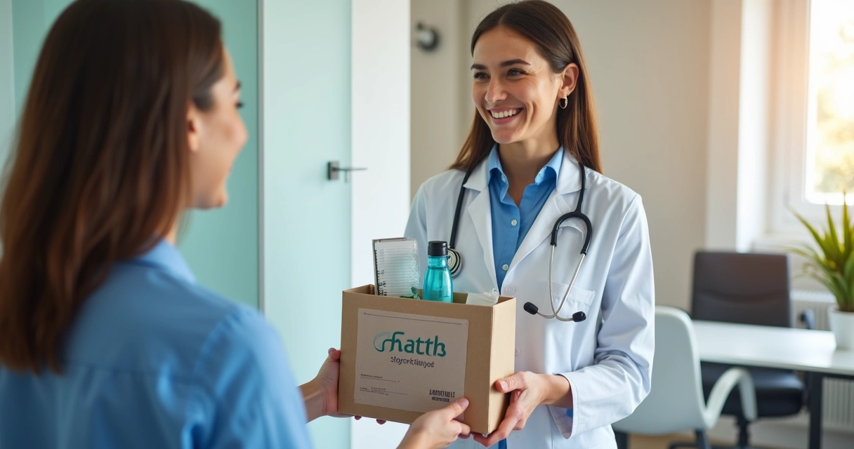 Profissional entregando kit personalizado a paciente em consultório