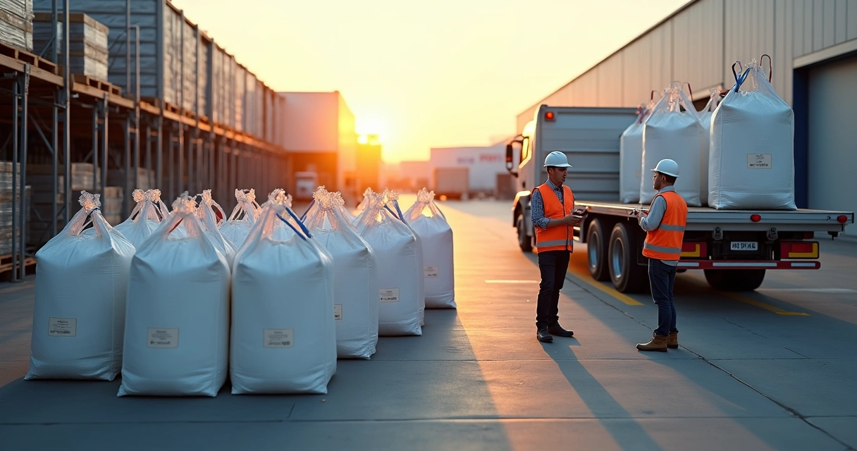 Caminhão basculante descarregando big bags empilhados em pátio de logística 