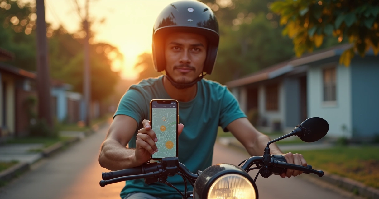 Motoboy realizando entrega com mapa digital em bairro residencial 