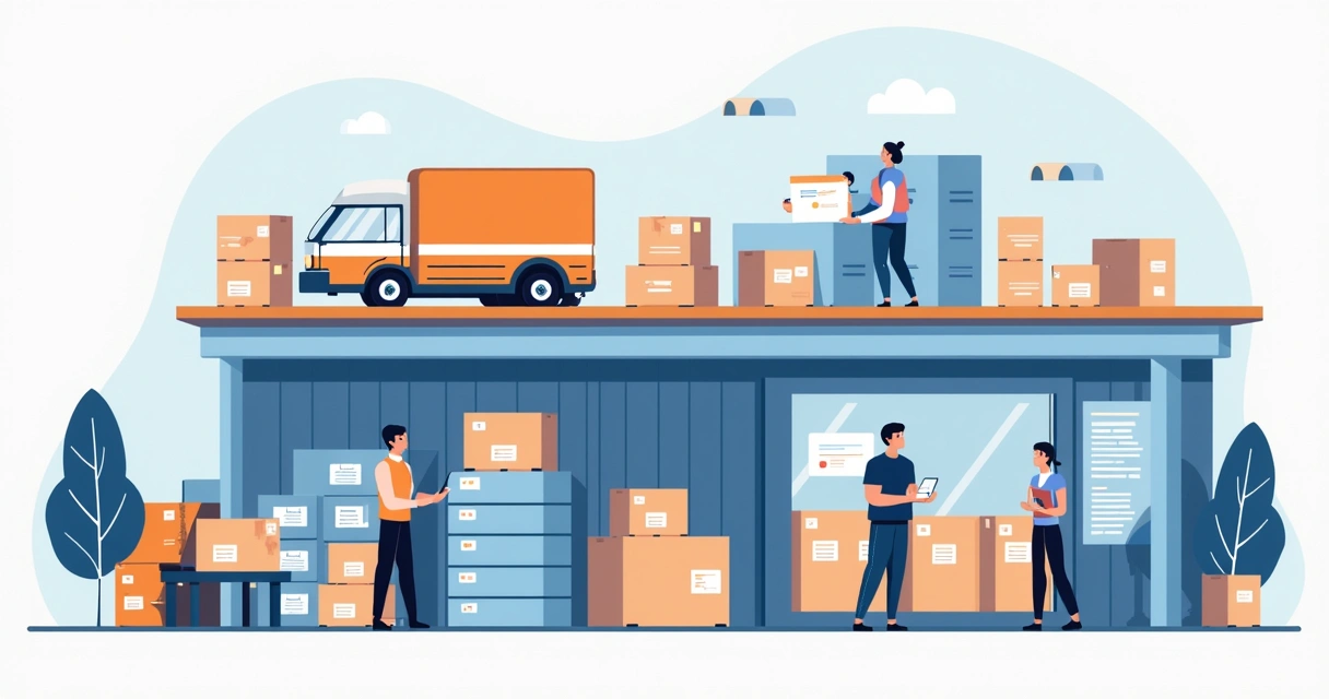 Marketplace em 2026: Taxas, Comissões e Vale a Pena? 1 Carros de entrega organizados em frente a grandes caixas de papelão em um depósito