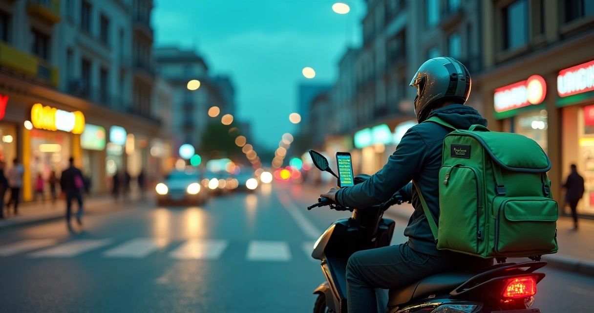 Entregador em moto com sacolas de mercado e rota digital no céu noturno 