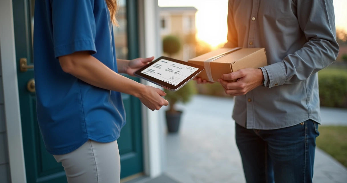 Funcionário entregando pacote para cliente, ambos conferindo em tablet os dados da compra 