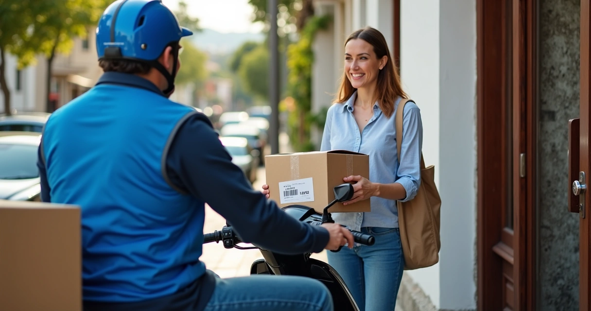 Motoboy de jaqueta azul entregando pacote para cliente em porta residencial enquanto mulher sorri 